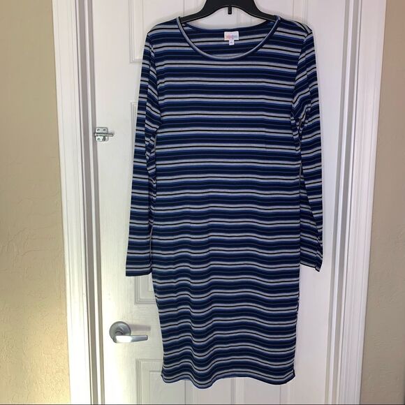 LuLaRoe Blue, Black and Gray Striped Long Sleeve Debbie Dress Size XL - Picture 1 of 8